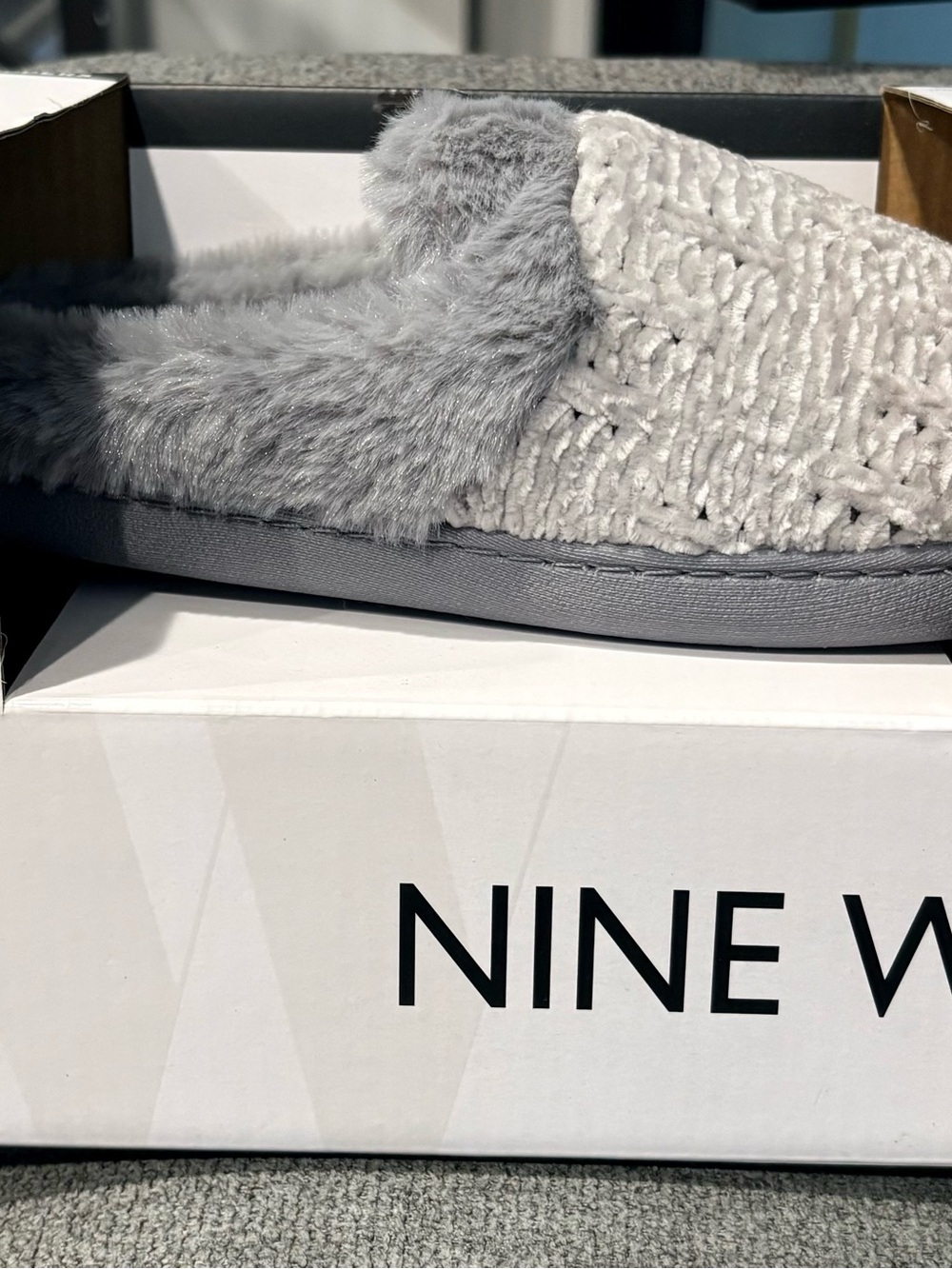 Nine West Light Gray Faux-Fur Knit Slide Slippers
